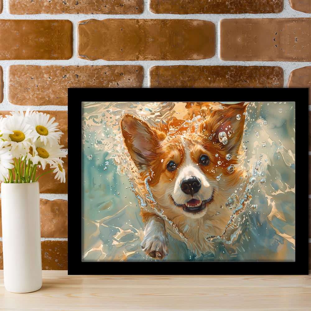 Corgi Puppie Playing Swiming Underwater, Framed  Print, Painting Art, Framed Art Print Wall Decor, Framed Picture