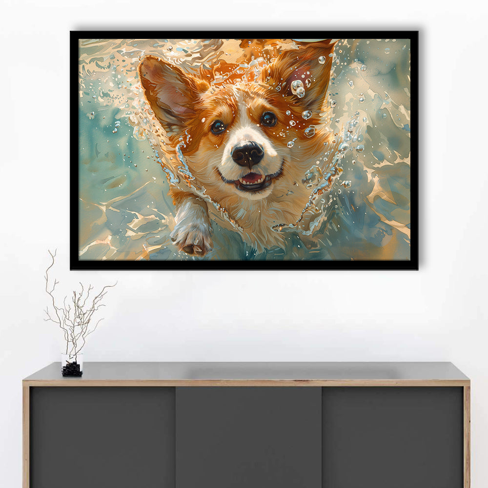 Corgi Puppie Playing Swiming Underwater, Framed  Print, Painting Art, Framed Art Print Wall Decor, Framed Picture