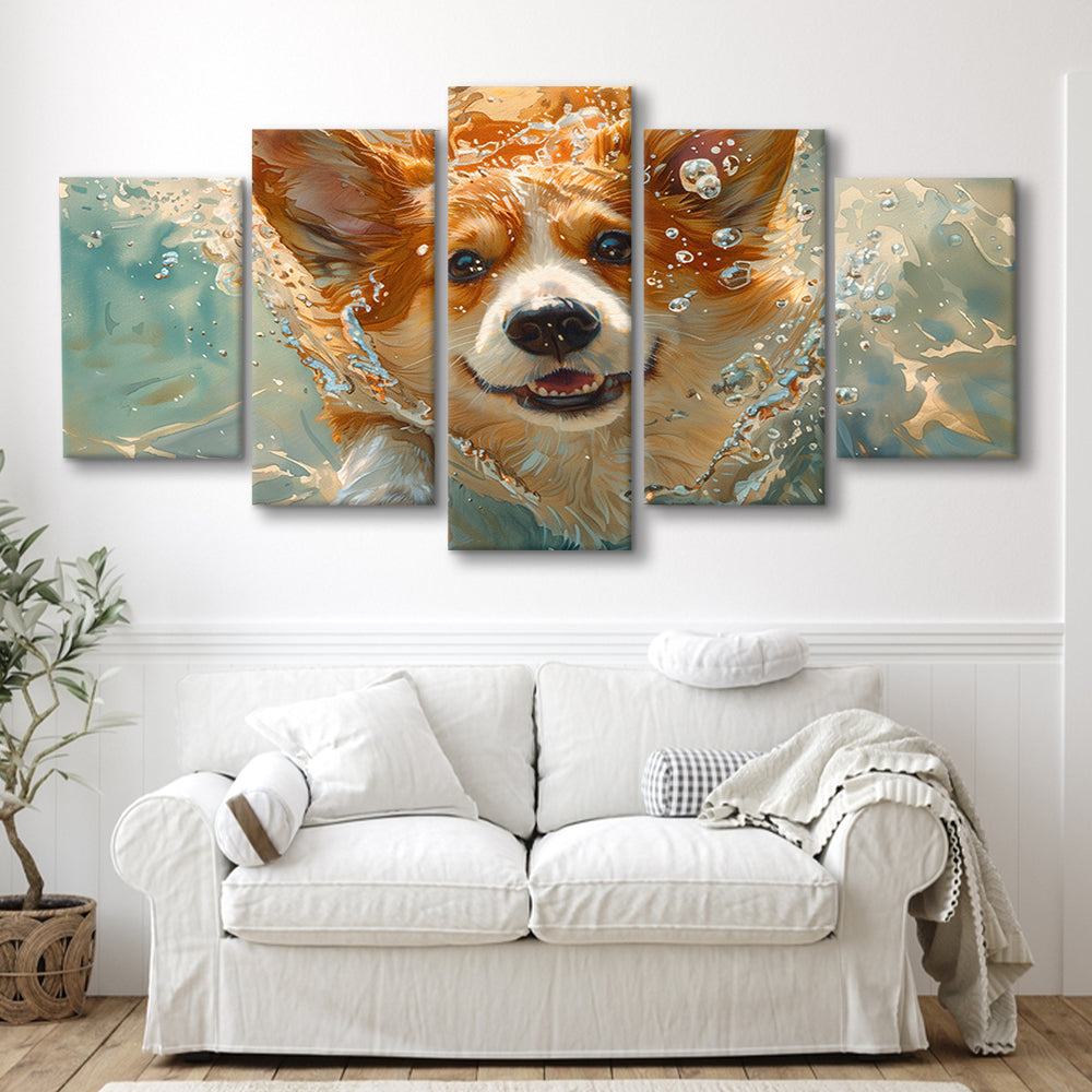 Corgi Puppie Playing Swiming Underwater, Canvas Art Decor Print, Painting Art, Mixed Panels Canvas Print Wall Art