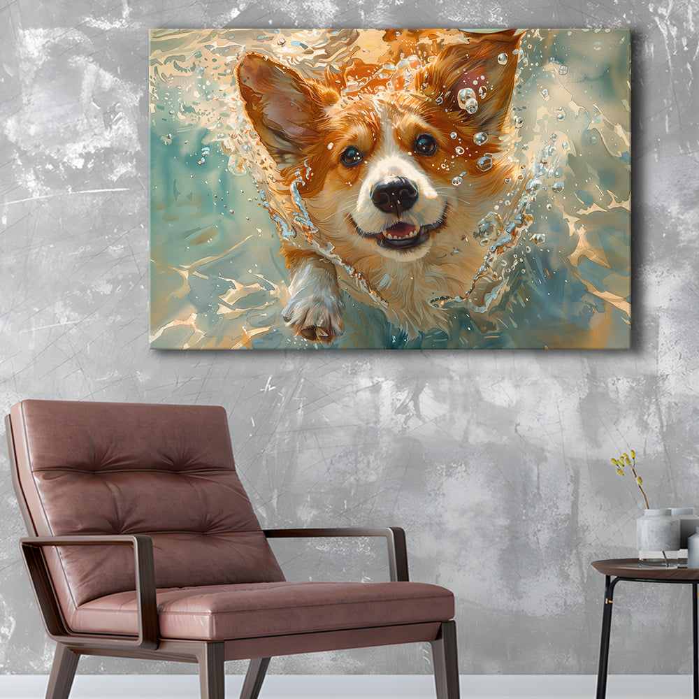 Corgi Puppie Playing Swiming Underwater, Canvas Art Decor Print, Painting Art, Canvas Print Wall Art Home Decor