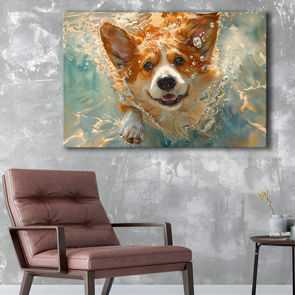 Corgi Puppie Playing Swiming Underwater, Canvas Art Decor Print, Painting Art, Canvas Print Wall Art Home Decor