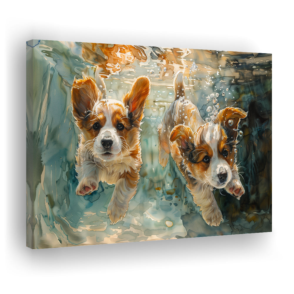 Corgi Puppies Playing Underwater Painting, Canvas Art Decor Print, Painting Art, Canvas Print Wall Art Home Decor