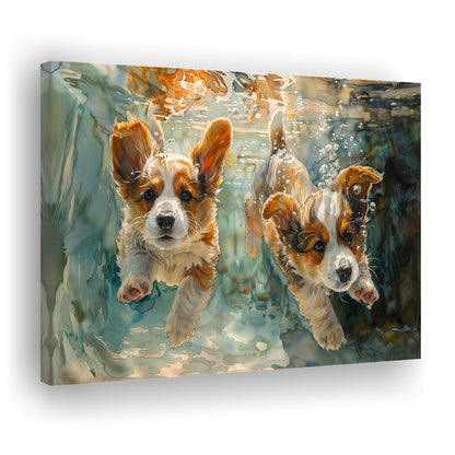 Corgi Puppies Playing Underwater Painting, Canvas Art Decor Print, Painting Art, Canvas Print Wall Art Home Decor