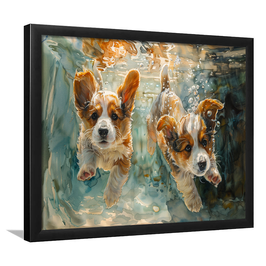 Corgi Puppies Playing Underwater Painting, Framed  Print, Painting Art, Framed Art Print Wall Decor, Framed Picture