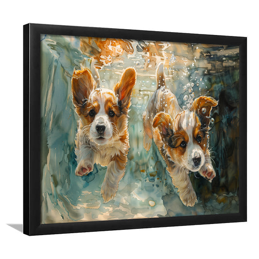 Corgi Puppies Playing Underwater Painting, Framed  Print, Painting Art, Framed Art Print Wall Decor, Framed Picture