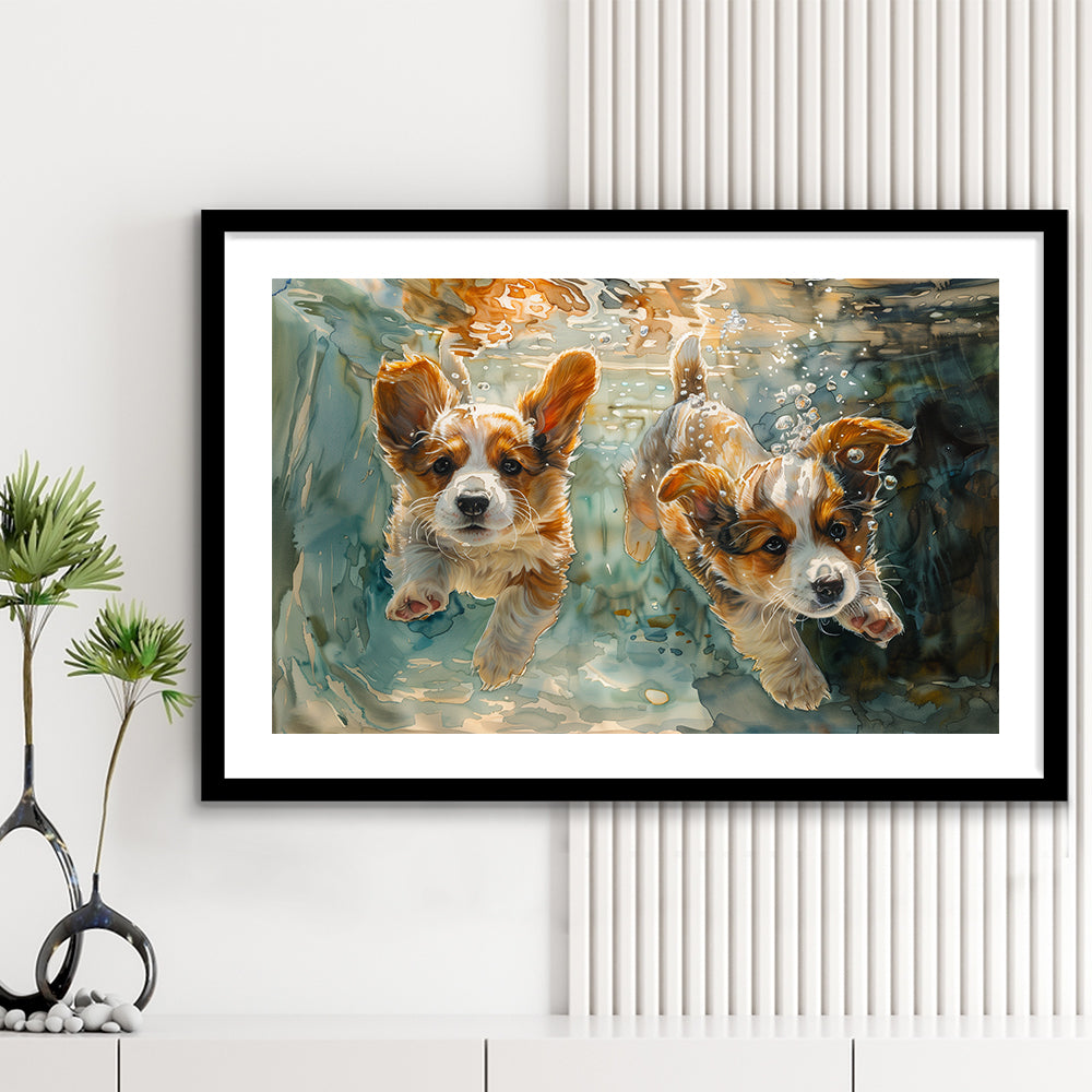 Corgi Puppies Playing Underwater Painting, Framed  Print, Painting Art, Framed Art Print White Border Wall Decor