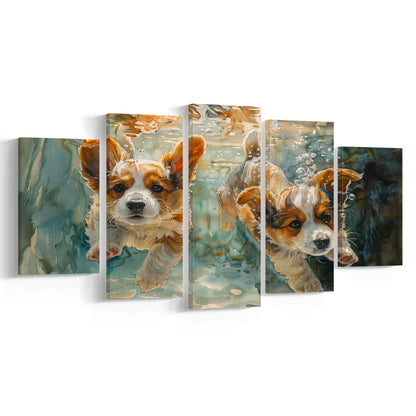 Corgi Puppies Playing Underwater Painting, Canvas Art Decor Print, Painting Art, Mixed Panels Canvas Print Wall Art