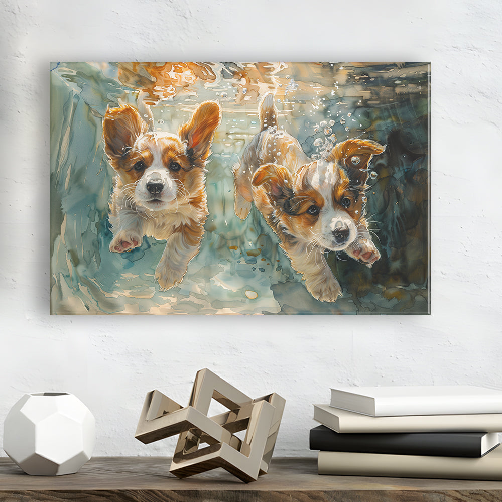 Corgi Puppies Playing Underwater Painting, Canvas Art Decor Print, Painting Art, Canvas Print Wall Art Home Decor