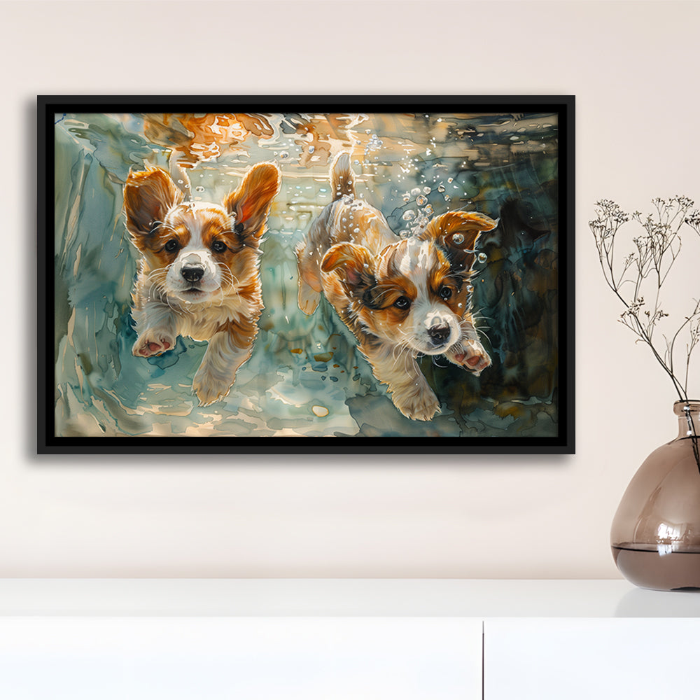 Corgi Puppies Playing Underwater Painting, Framed Canvas Print, Painting Art, Floating Framed Canvas Print Wall Art