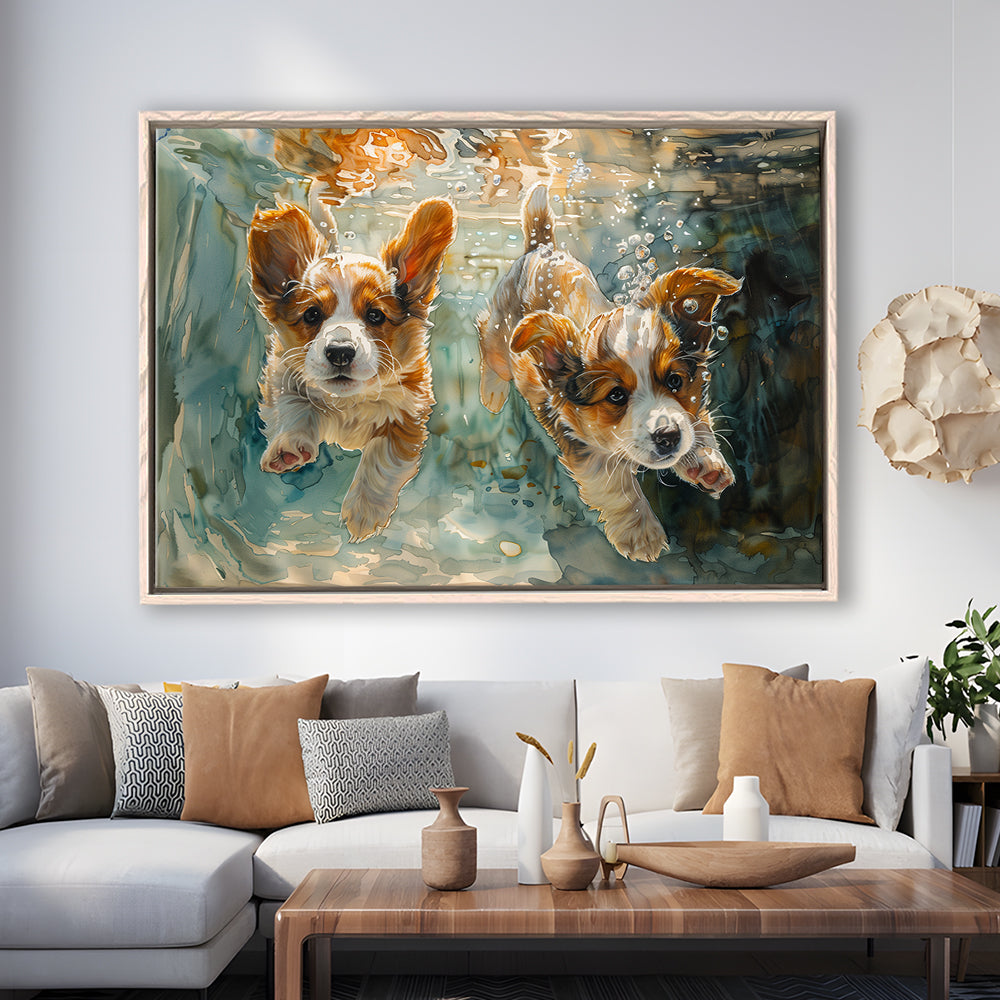 Corgi Puppies Playing Underwater Painting, Framed Canvas Print, Painting Art, Floating Framed Canvas Print Wall Art