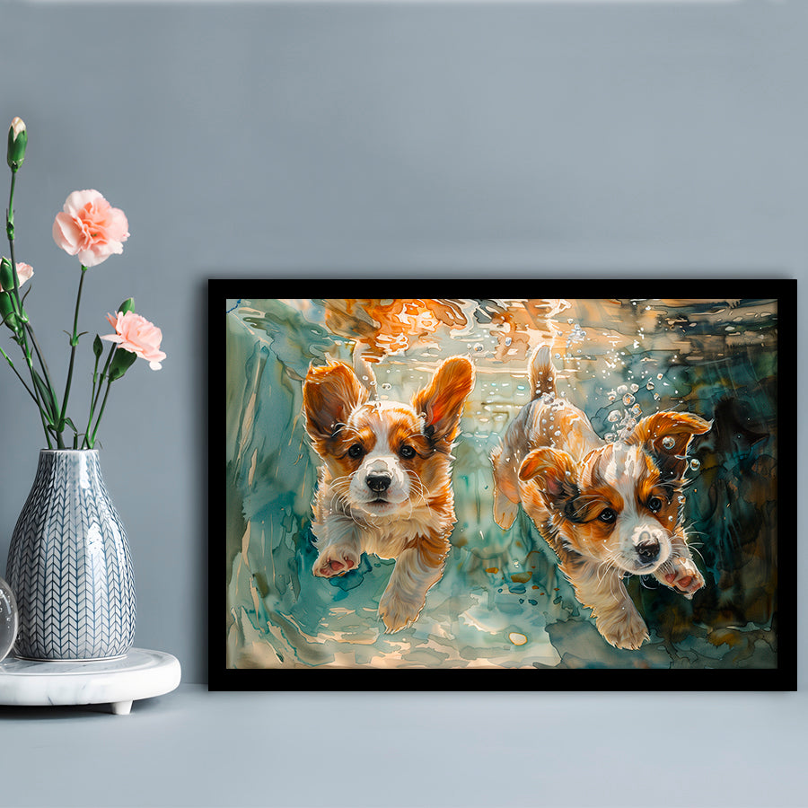 Corgi Puppies Playing Underwater Painting, Framed  Print, Painting Art, Framed Art Print Wall Decor, Framed Picture