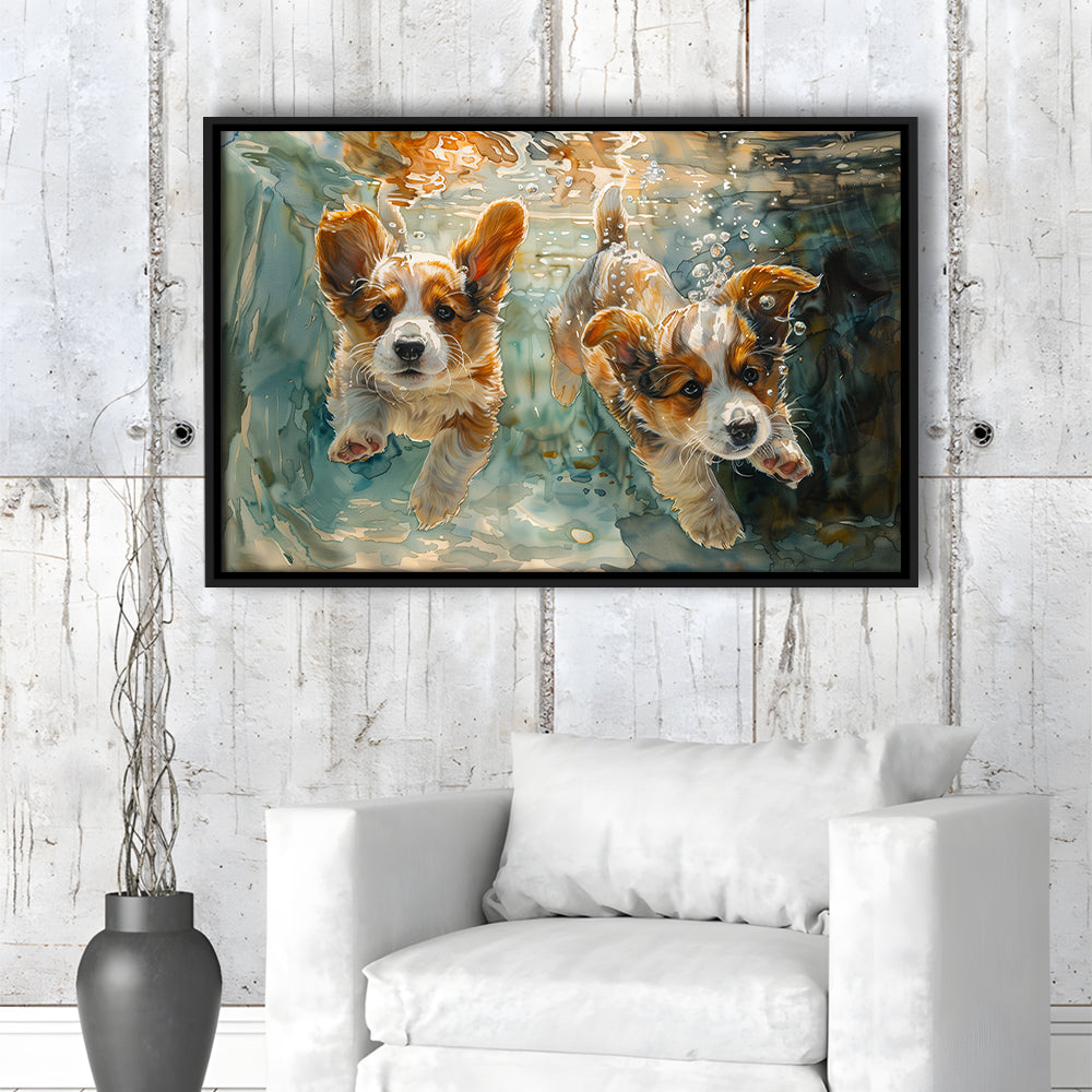 Corgi Puppies Playing Underwater Painting, Framed Canvas Print, Painting Art, Floating Framed Canvas Print Wall Art