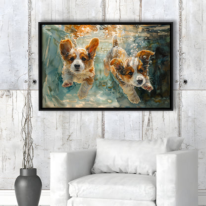 Corgi Puppies Playing Underwater Painting, Framed Canvas Print, Painting Art, Floating Framed Canvas Print Wall Art