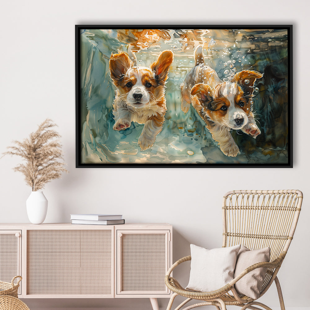 Corgi Puppies Playing Underwater Painting, Framed Canvas Print, Painting Art, Floating Framed Canvas Print Wall Art