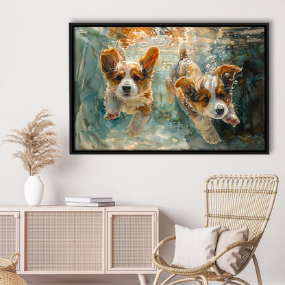 Corgi Puppies Playing Underwater Painting, Framed Canvas Print, Painting Art, Floating Framed Canvas Print Wall Art