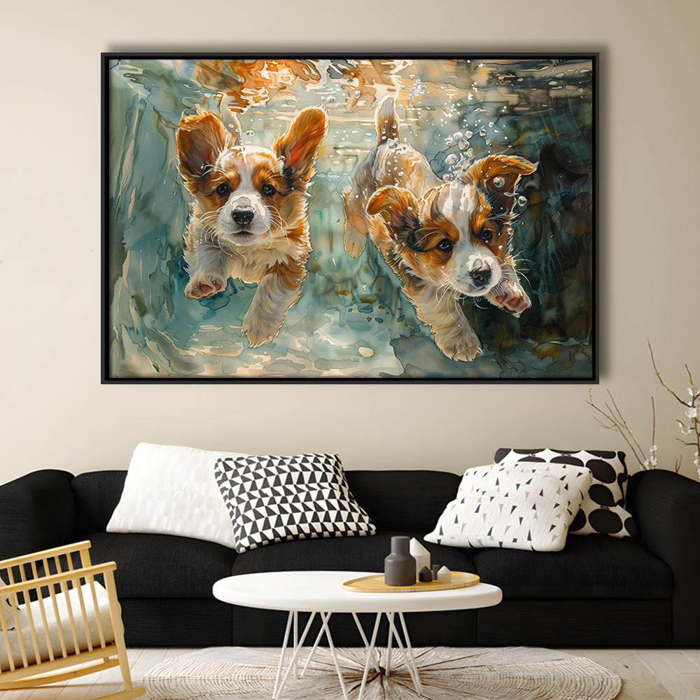 Corgi Puppies Playing Underwater Painting, Framed Canvas Print, Painting Art, Floating Framed Canvas Print Wall Art