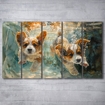 Corgi Puppies Playing Underwater Painting, Canvas Art Print, Painting Art, Multi Panels Canvas Print Wall Art
