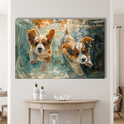 Corgi Puppies Playing Underwater Painting, Canvas Art Decor Print, Painting Art, Canvas Print Wall Art Home Decor