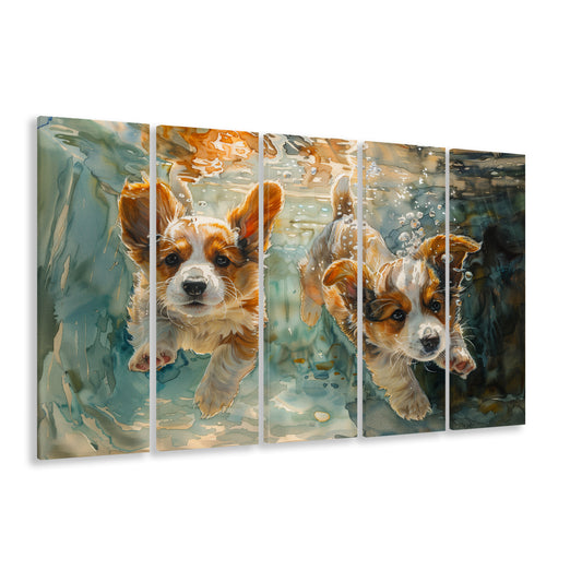 Corgi Puppies Playing Underwater Painting, Canvas Art Print, Painting Art, Multi Panels Canvas Print Wall Art