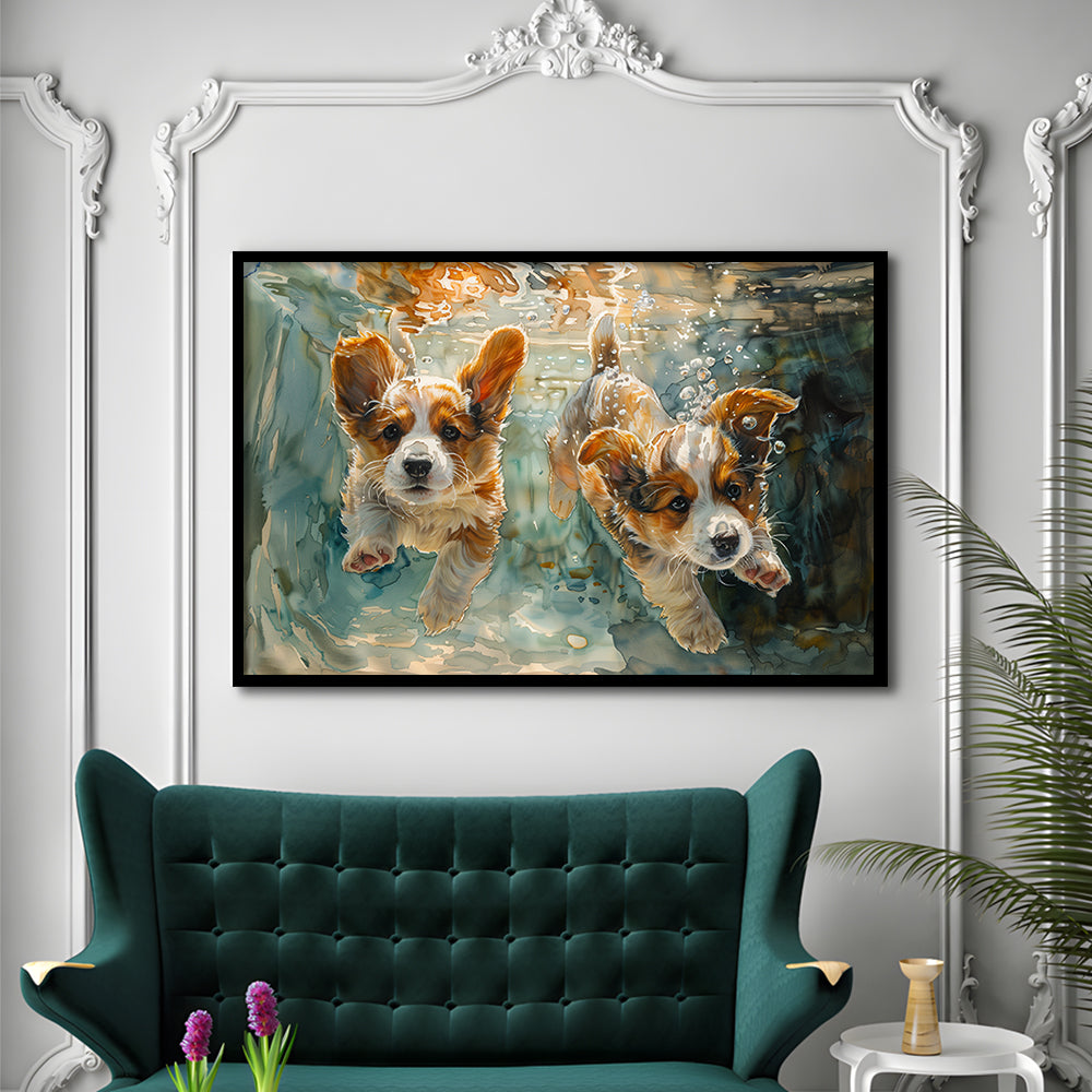 Corgi Puppies Playing Underwater Painting, Framed  Print, Painting Art, Framed Art Print Wall Decor, Framed Picture