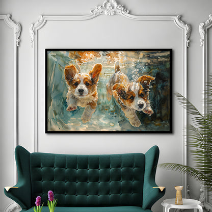 Corgi Puppies Playing Underwater Painting, Framed  Print, Painting Art, Framed Art Print Wall Decor, Framed Picture