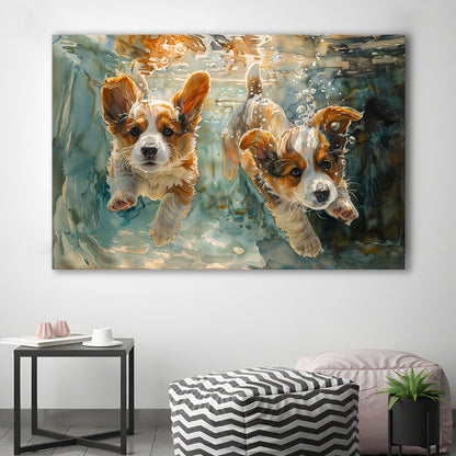 Corgi Puppies Playing Underwater Painting, Canvas Art Decor Print, Painting Art, Canvas Print Wall Art Home Decor