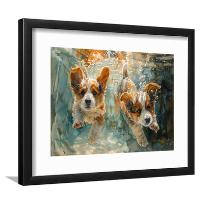 Corgi Puppies Playing Underwater Painting, Framed  Print, Painting Art, Framed Art Print White Border Wall Decor