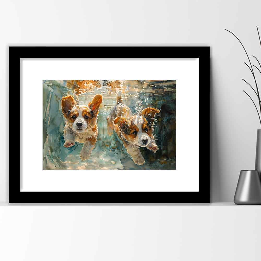 Corgi Puppies Playing Underwater Painting, Framed  Print, Painting Art, Framed Art Print White Border Wall Decor
