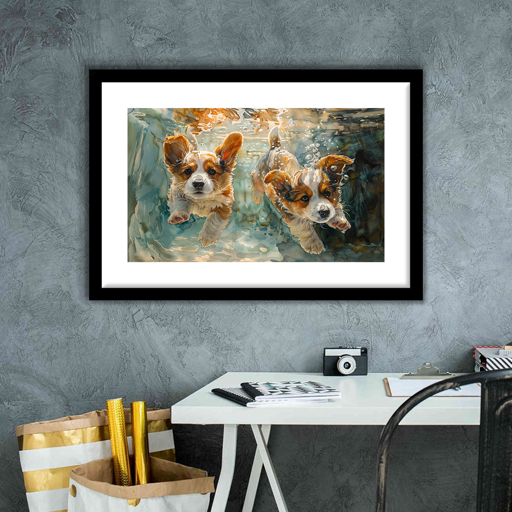Corgi Puppies Playing Underwater Painting, Framed  Print, Painting Art, Framed Art Print White Border Wall Decor
