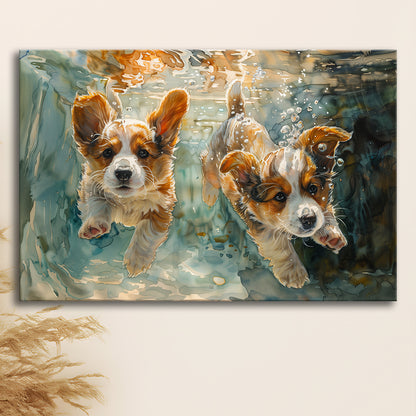 Corgi Puppies Playing Underwater Painting, Canvas Art Decor Print, Painting Art, Canvas Print Wall Art Home Decor