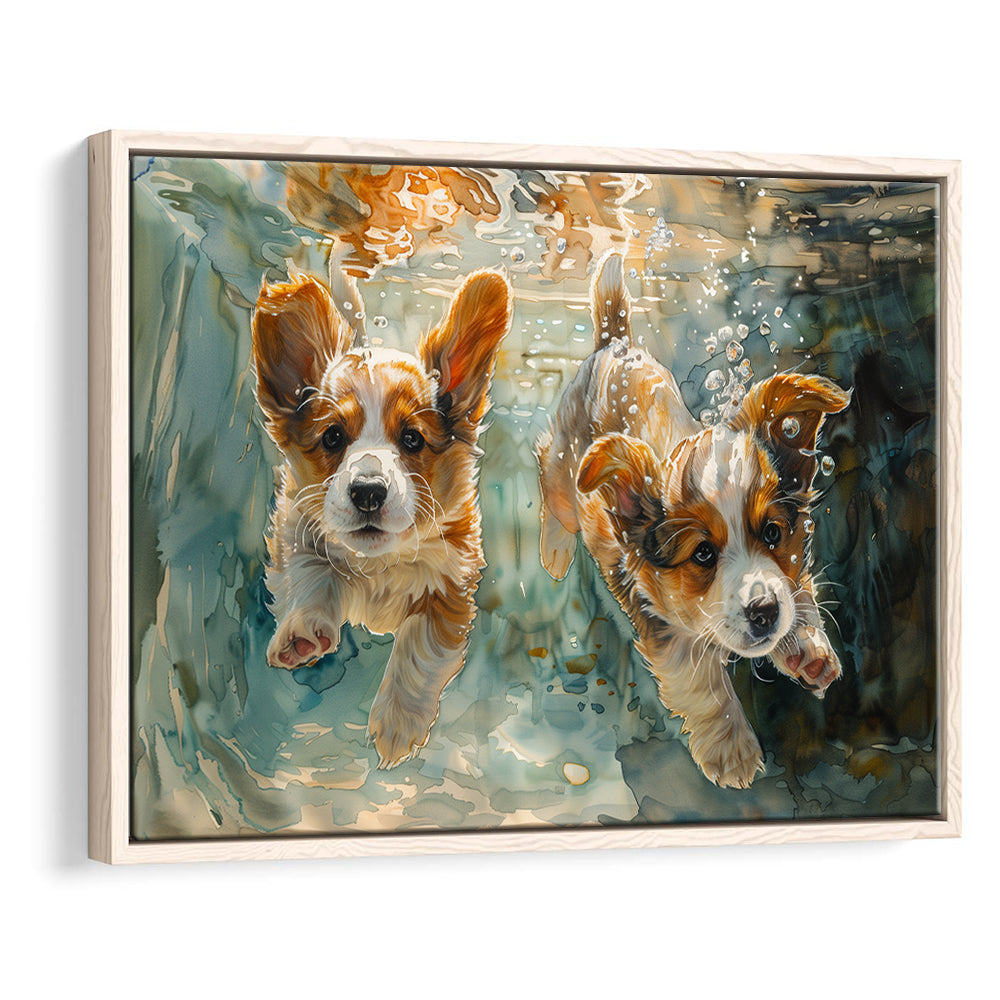 Corgi Puppies Playing Underwater Painting, Framed Canvas Print, Painting Art, Floating Framed Canvas Print Wall Art
