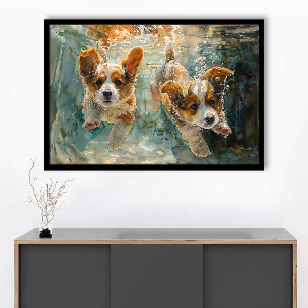 Corgi Puppies Playing Underwater Painting, Framed  Print, Painting Art, Framed Art Print Wall Decor, Framed Picture
