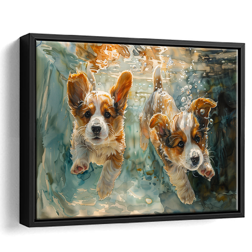 Corgi Puppies Playing Underwater Painting, Framed Canvas Print, Painting Art, Floating Framed Canvas Print Wall Art