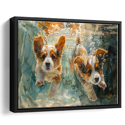 Corgi Puppies Playing Underwater Painting, Framed Canvas Print, Painting Art, Floating Framed Canvas Print Wall Art