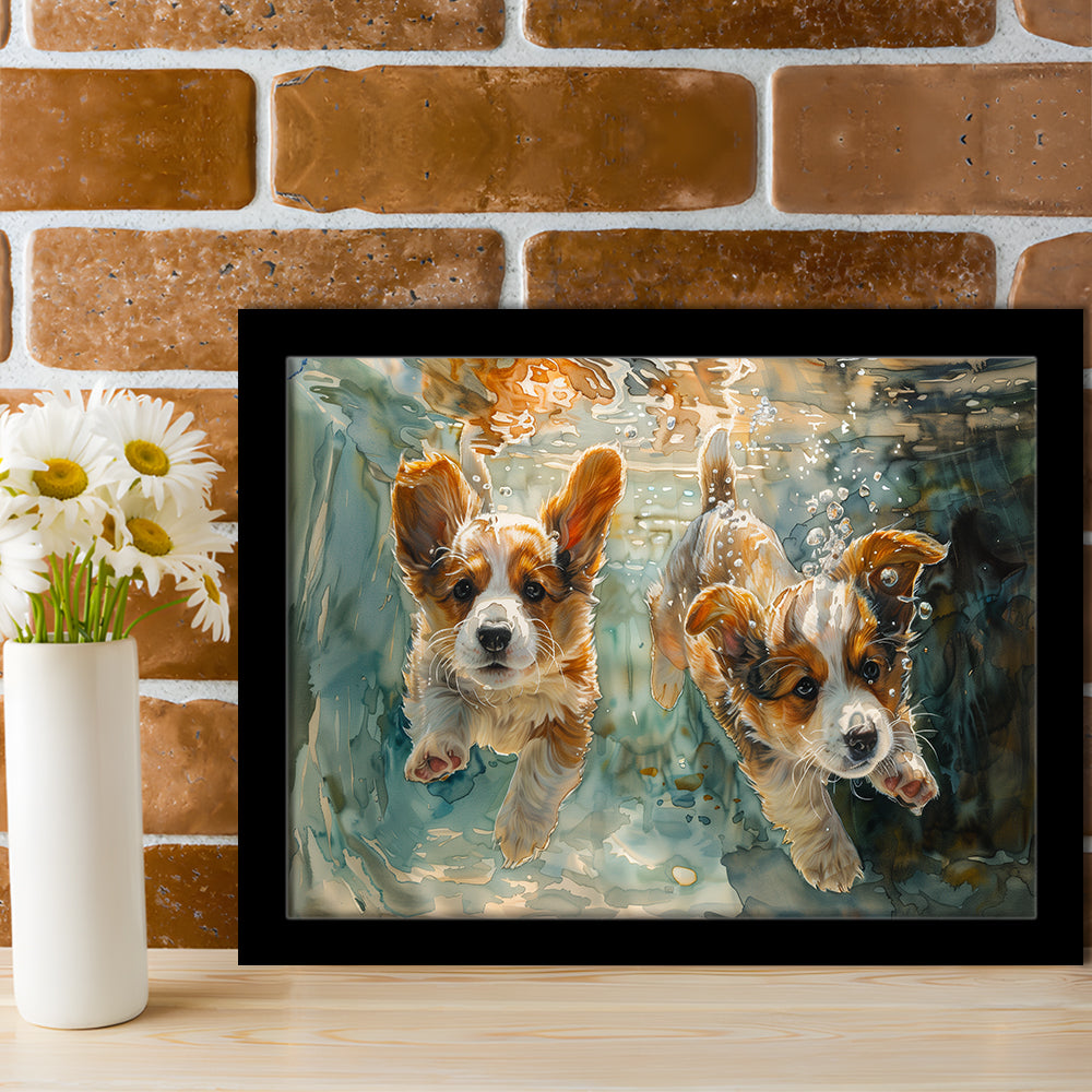 Corgi Puppies Playing Underwater Painting, Framed  Print, Painting Art, Framed Art Print Wall Decor, Framed Picture