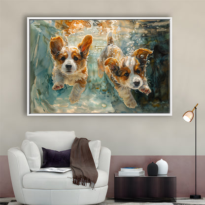Corgi Puppies Playing Underwater Painting, Framed Canvas Print, Painting Art, Floating Framed Canvas Print Wall Art