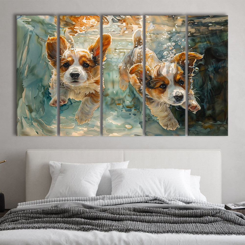 Corgi Puppies Playing Underwater Painting, Canvas Art Print, Painting Art, Multi Panels Canvas Print Wall Art