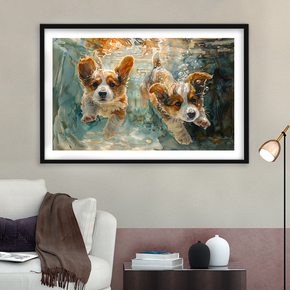 Corgi Puppies Playing Underwater Painting, Framed  Print, Painting Art, Framed Art Print White Border Wall Decor