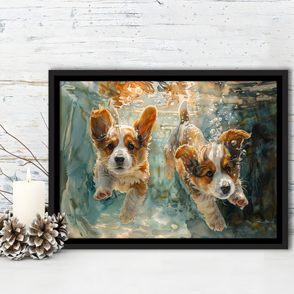 Corgi Puppies Playing Underwater Painting, Framed Canvas Print, Painting Art, Floating Framed Canvas Print Wall Art