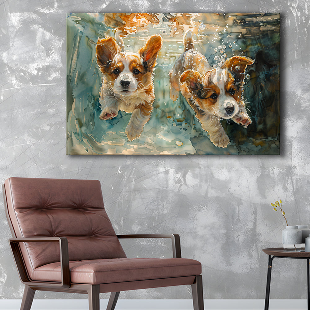Corgi Puppies Playing Underwater Painting, Canvas Art Decor Print, Painting Art, Canvas Print Wall Art Home Decor