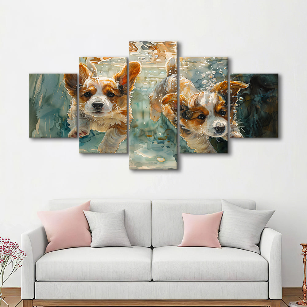 Corgi Puppies Playing Underwater Painting, Canvas Art Decor Print, Painting Art, Mixed Panels Canvas Print Wall Art