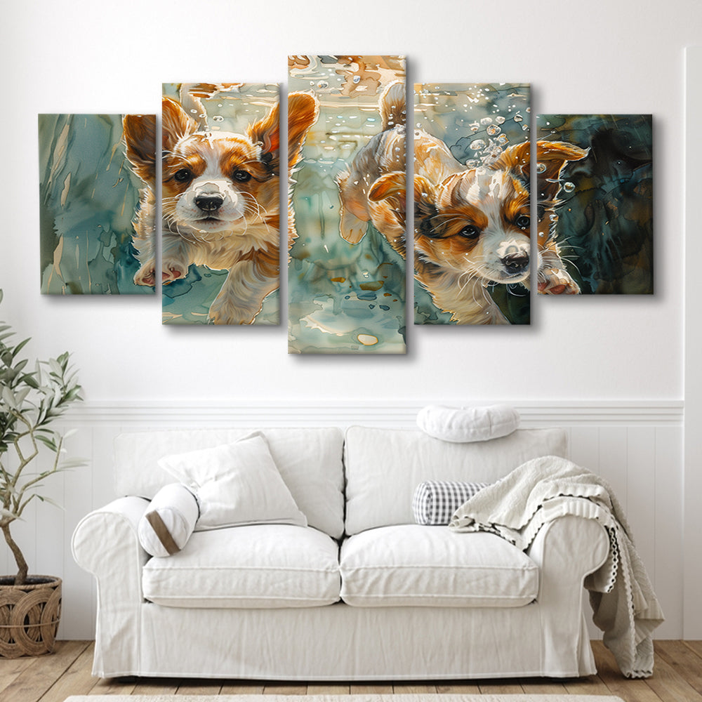 Corgi Puppies Playing Underwater Painting, Canvas Art Decor Print, Painting Art, Mixed Panels Canvas Print Wall Art