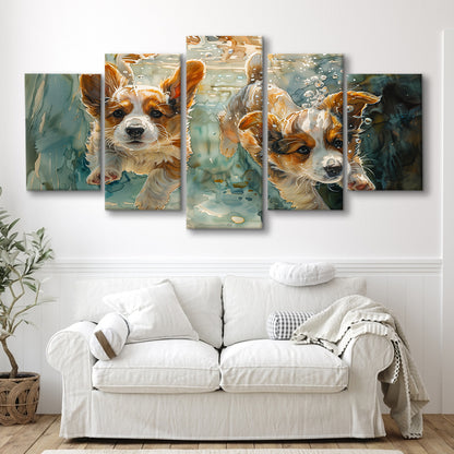 Corgi Puppies Playing Underwater Painting, Canvas Art Decor Print, Painting Art, Mixed Panels Canvas Print Wall Art