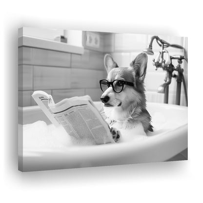 Corgi in Bathtub Canvas Print Wall Art, Dog Reading Newspaper in Bubble Bath Black and White, Bathroom Wall Decor