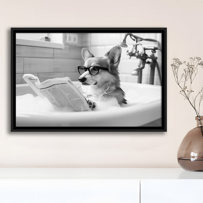 Corgi in Bathtub Framed Canvas Print Wall Art, Dog Reading Newspaper in Bubble Bath Black and White, Bathroom Wall Decor