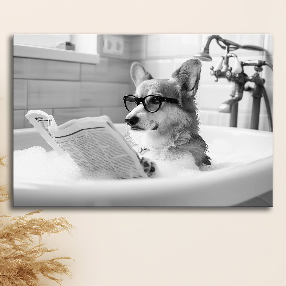 Corgi in Bathtub Canvas Print Wall Art, Dog Reading Newspaper in Bubble Bath Black and White, Bathroom Wall Decor