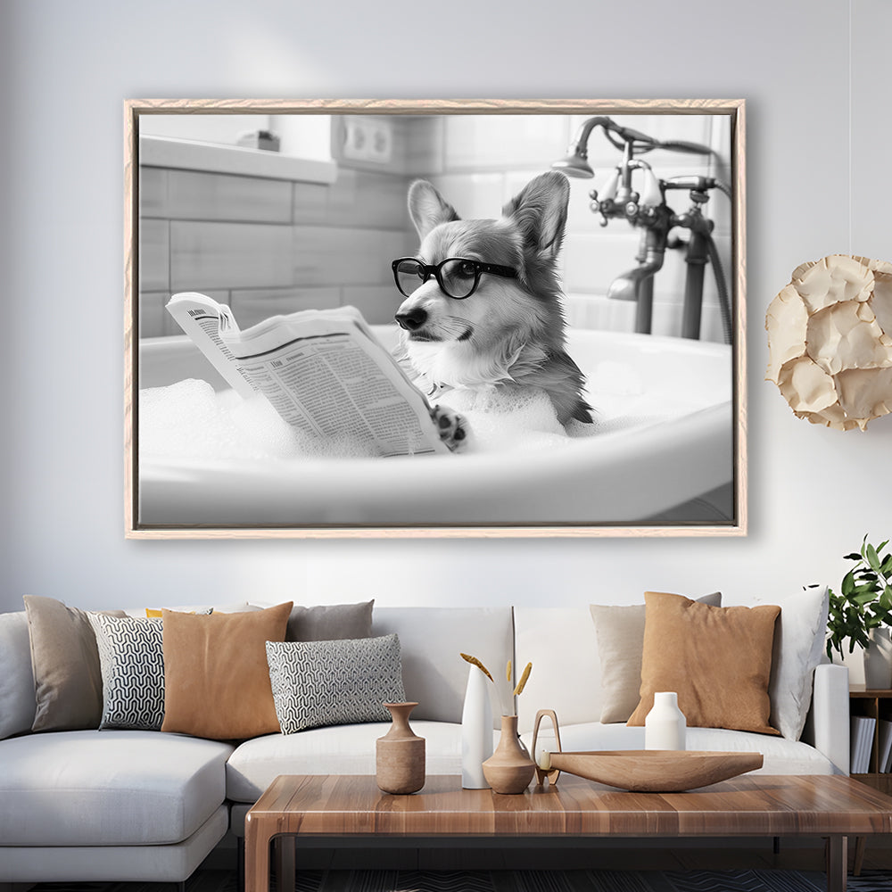 Corgi in Bathtub Framed Canvas Print Wall Art, Dog Reading Newspaper in Bubble Bath Black and White, Bathroom Wall Decor