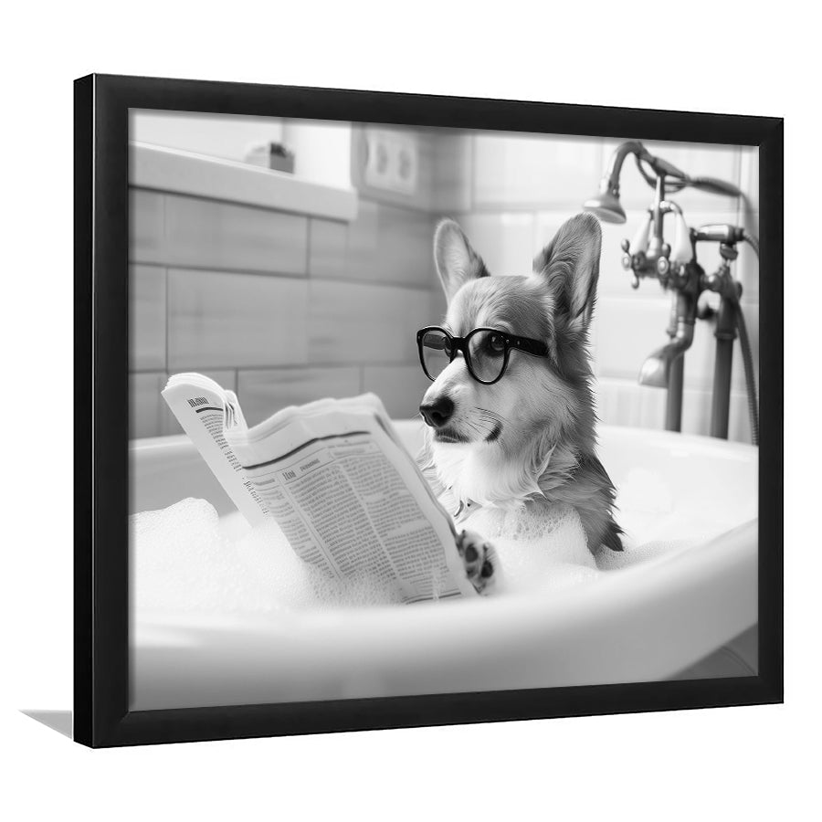 Corgi in Bathtub Framed Art Print Wall Decor, Dog Reading Newspaper in Bubble Bath Black and White, Bathroom Wall Decor