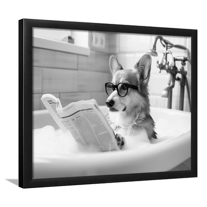 Corgi in Bathtub Framed Art Print Wall Decor, Dog Reading Newspaper in Bubble Bath Black and White, Bathroom Wall Decor