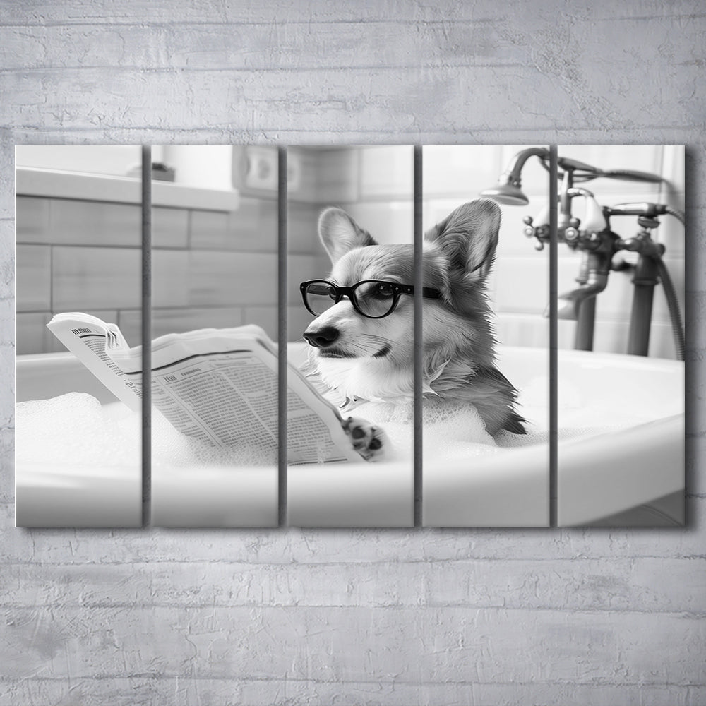 Corgi in Bathtub 5 Panels Canvas Print Wall Art, Dog Reading Newspaper in Bubble Bath Black and White, Bathroom Wall Decor
